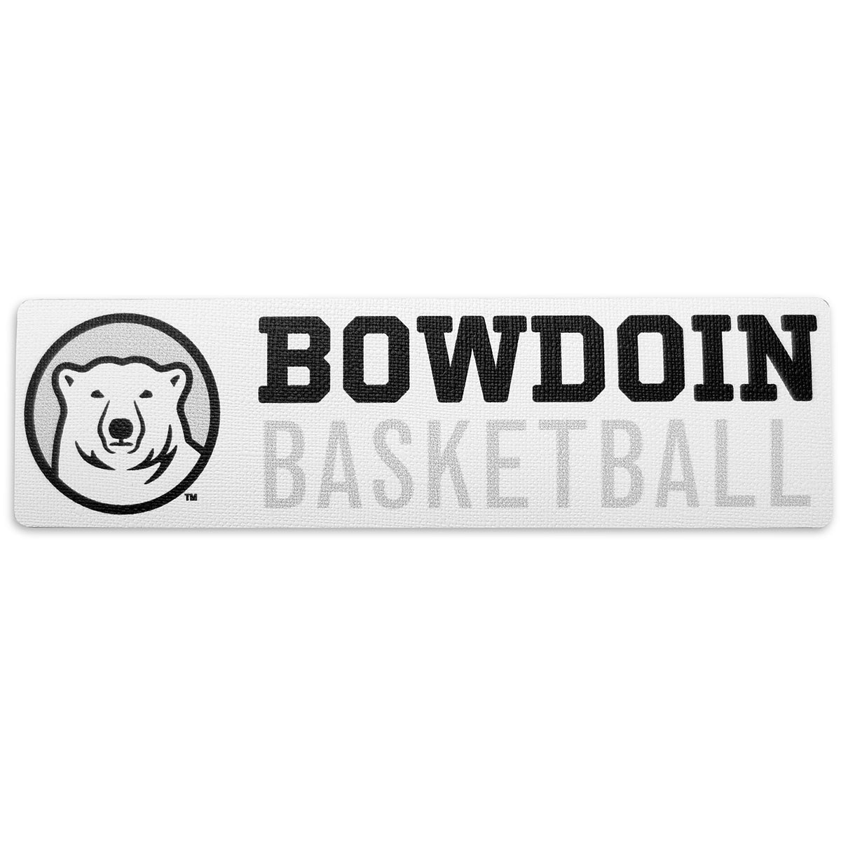 Rectangular white decal with black, white, and grey polar bear medallion next to BOWDOIN in black logotype over BASKETBALL in grey sans-serif type.
