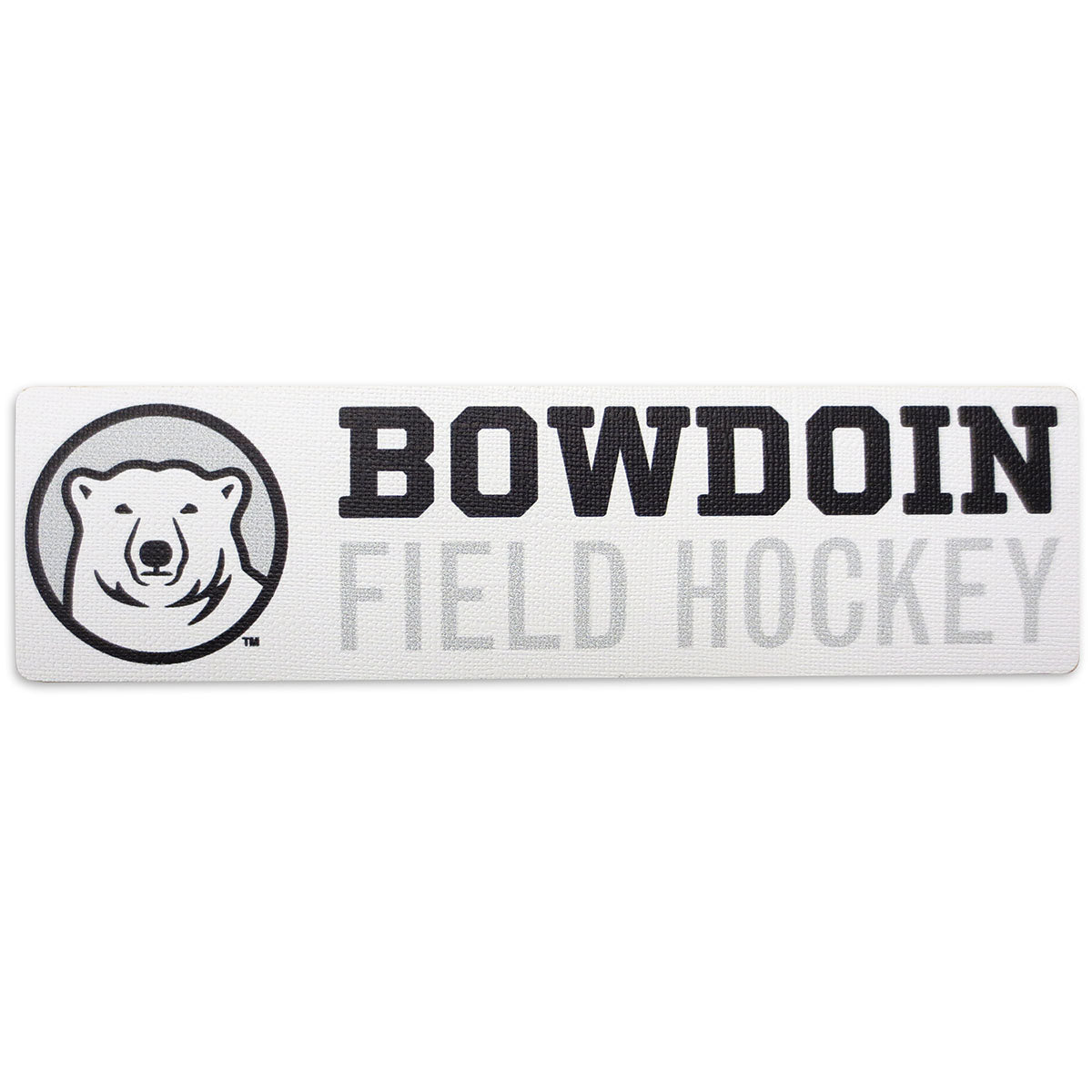 Rectangular white decal with black, white, and grey polar bear medallion next to BOWDOIN in black logotype over FIELD HOCKEY in grey sans-serif type.