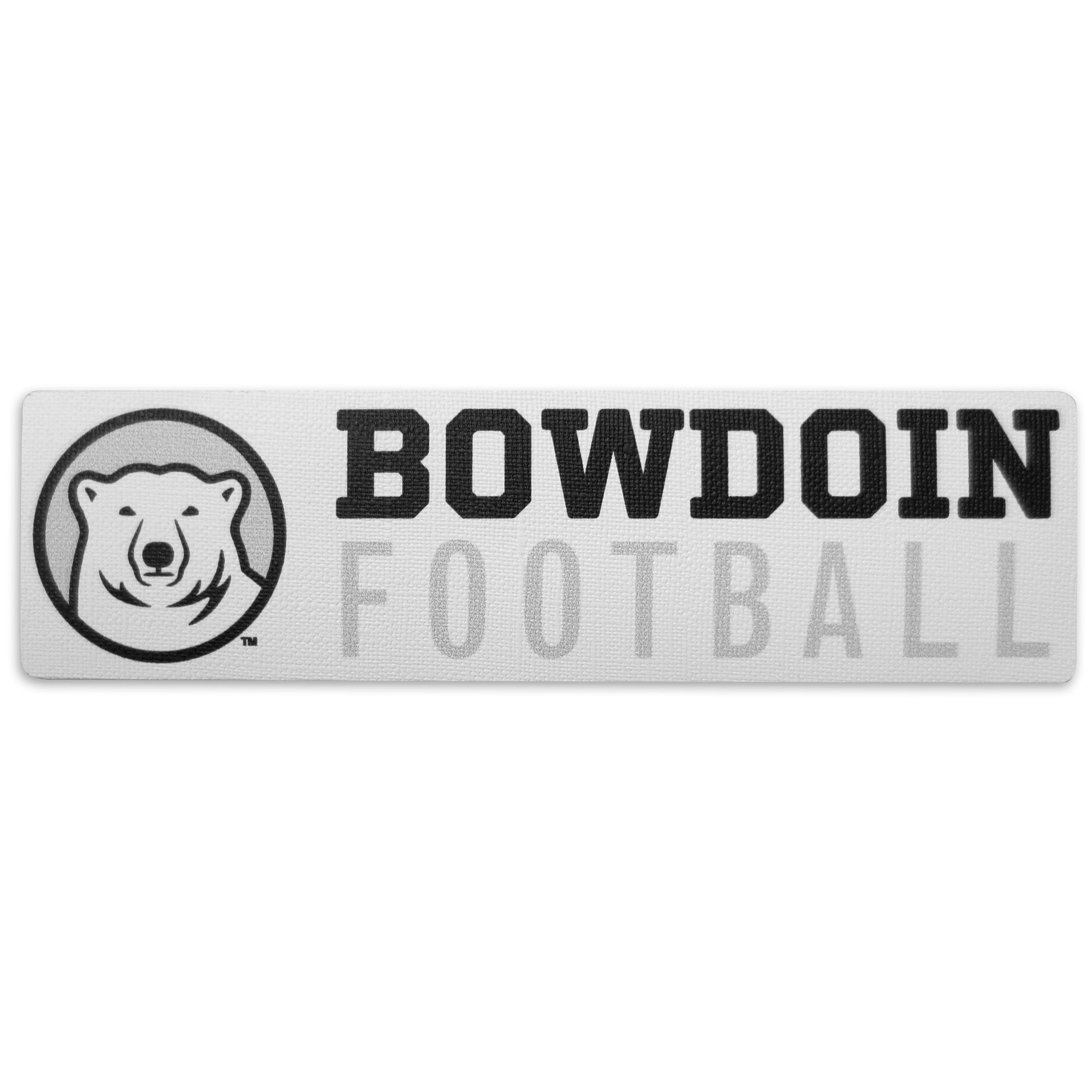 Rectangular white decal with black, white, and grey polar bear medallion next to BOWDOIN in black logotype over FOOTBALL in grey sans-serif type.