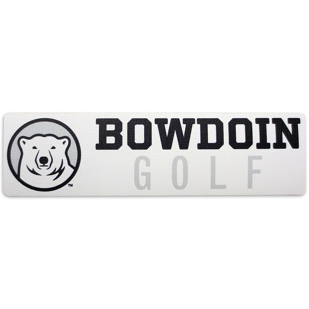 Rectangular white decal with black, white, and grey polar bear medallion next to BOWDOIN in black logotype over GOLF in grey sans-serif type.