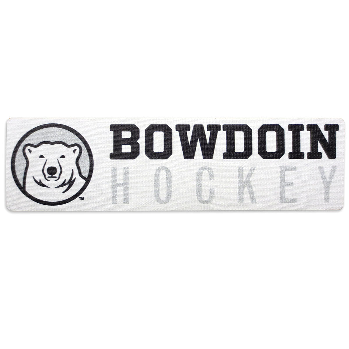 Rectangular white decal with black, white, and grey polar bear medallion next to BOWDOIN in black logotype over HOCKEY in grey sans-serif type.