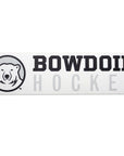 Rectangular white decal with black, white, and grey polar bear medallion next to BOWDOIN in black logotype over HOCKEY in grey sans-serif type.