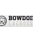 Rectangular white decal with black, white, and grey polar bear medallion next to BOWDOIN in black logotype over LACROSSE in grey sans-serif type.