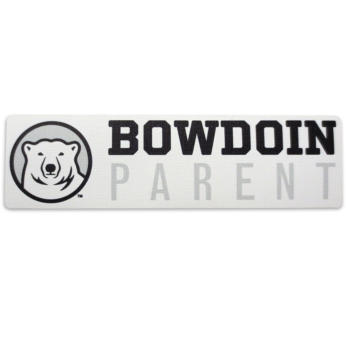 Rectangular white decal with black, white, and grey polar bear medallion next to BOWDOIN in black logotype over PARENT in grey sans-serif type.
