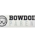 Rectangular white decal with black, white, and grey polar bear medallion next to BOWDOIN in black logotype over PARENT in grey sans-serif type.