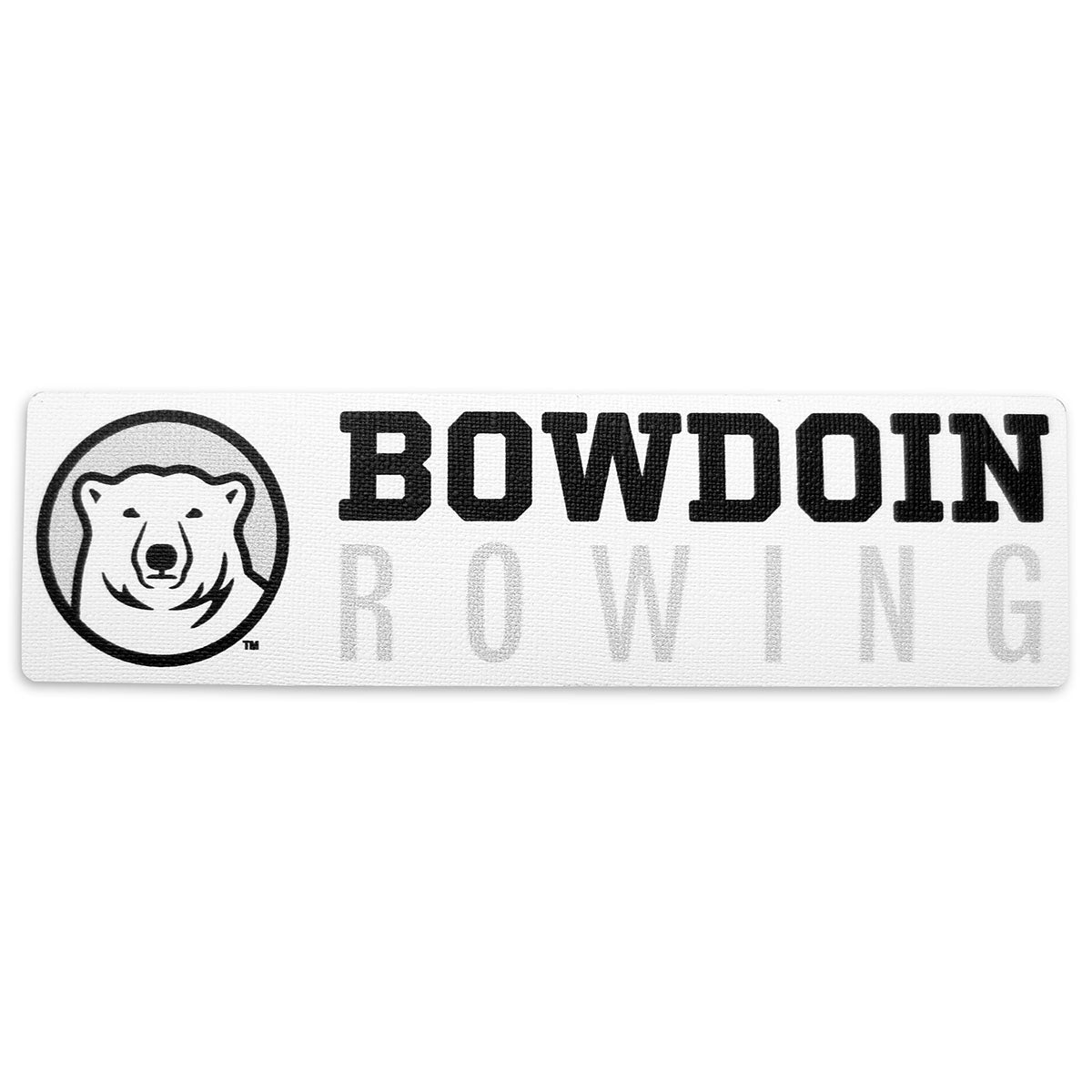 Rectangular white decal with black, white, and grey polar bear medallion next to BOWDOIN in black logotype over ROWING in grey sans-serif type.