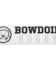 Rectangular white decal with black, white, and grey polar bear medallion next to BOWDOIN in black logotype over RUGBY in grey sans-serif type.