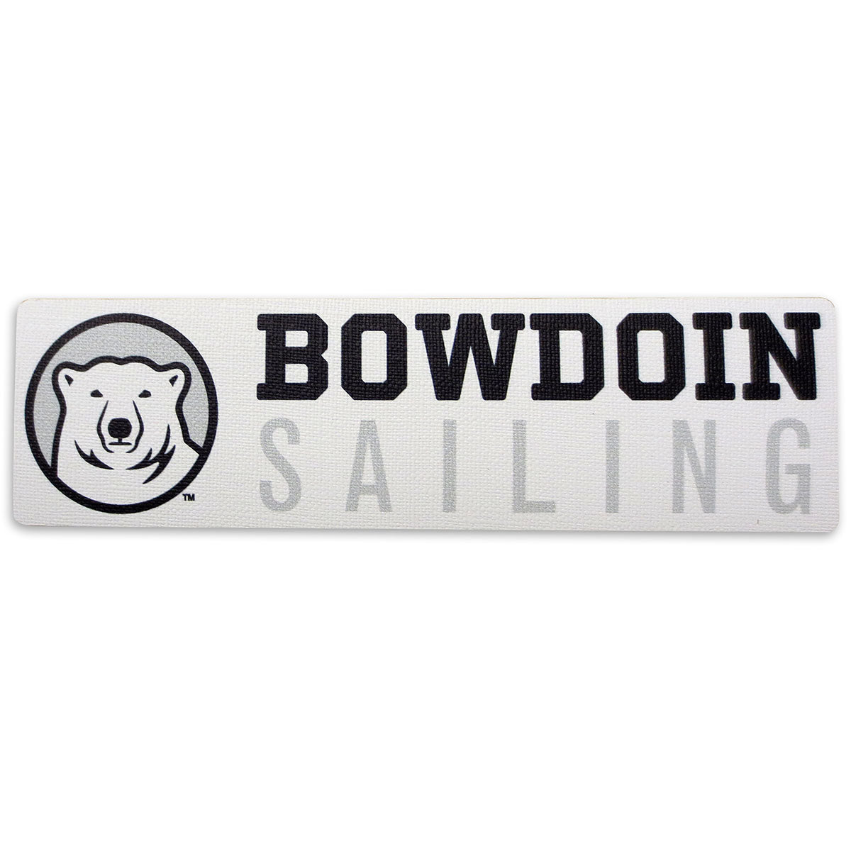 Rectangular white decal with black, white, and grey polar bear medallion next to BOWDOIN in black logotype over SAILING in grey sans-serif type.