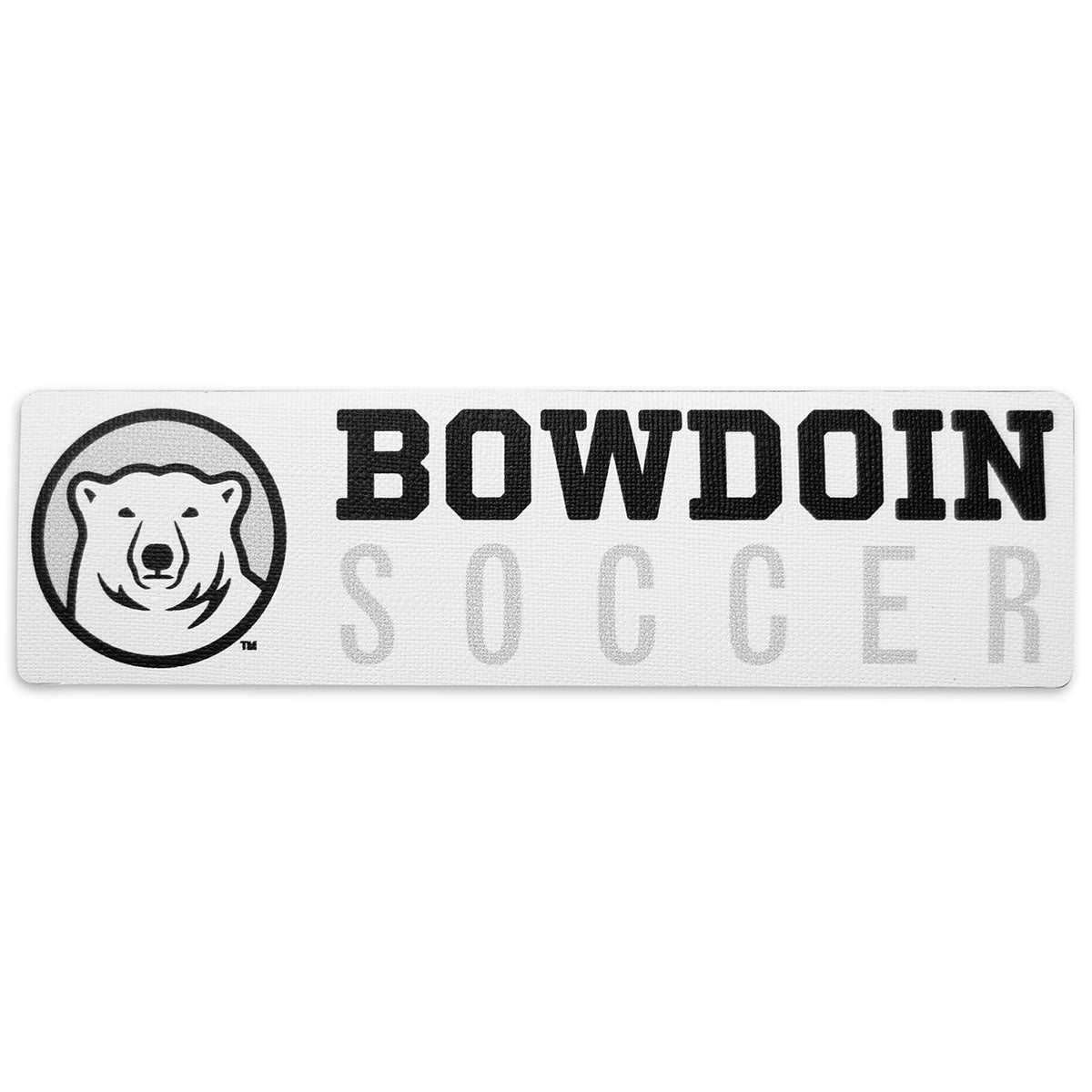 Rectangular white decal with black, white, and grey polar bear medallion next to BOWDOIN in black logotype over SOCCER in grey sans-serif type.