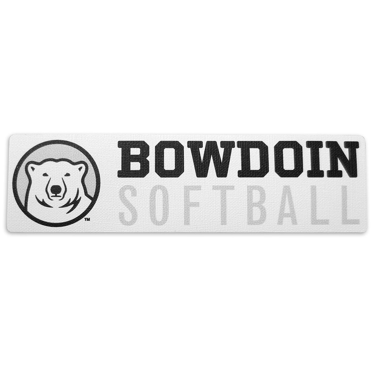 Rectangular white decal with black, white, and grey polar bear medallion next to BOWDOIN in black logotype over SOFTBALL in grey sans-serif type.