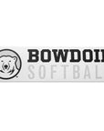 Rectangular white decal with black, white, and grey polar bear medallion next to BOWDOIN in black logotype over SOFTBALL in grey sans-serif type.