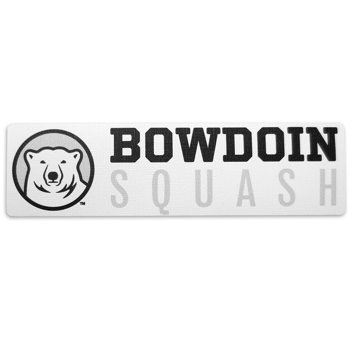 Rectangular white decal with black, white, and grey polar bear medallion next to BOWDOIN in black logotype over SQUASH in grey sans-serif type.