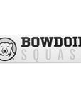 Rectangular white decal with black, white, and grey polar bear medallion next to BOWDOIN in black logotype over SQUASH in grey sans-serif type.