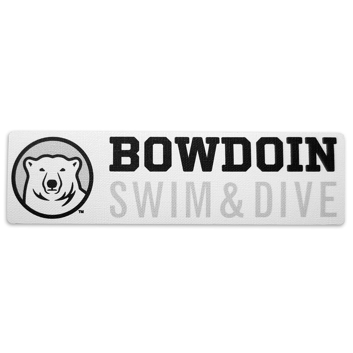 Rectangular white decal with black, white, and grey polar bear medallion next to BOWDOIN in black logotype over SWIM & DIVE in grey sans-serif type.