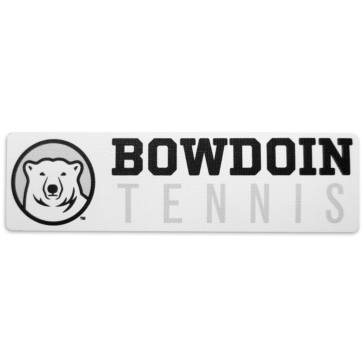 Rectangular white decal with black, white, and grey polar bear medallion next to BOWDOIN in black logotype over TENNIS in grey sans-serif type.