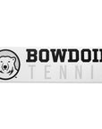 Rectangular white decal with black, white, and grey polar bear medallion next to BOWDOIN in black logotype over TENNIS in grey sans-serif type.