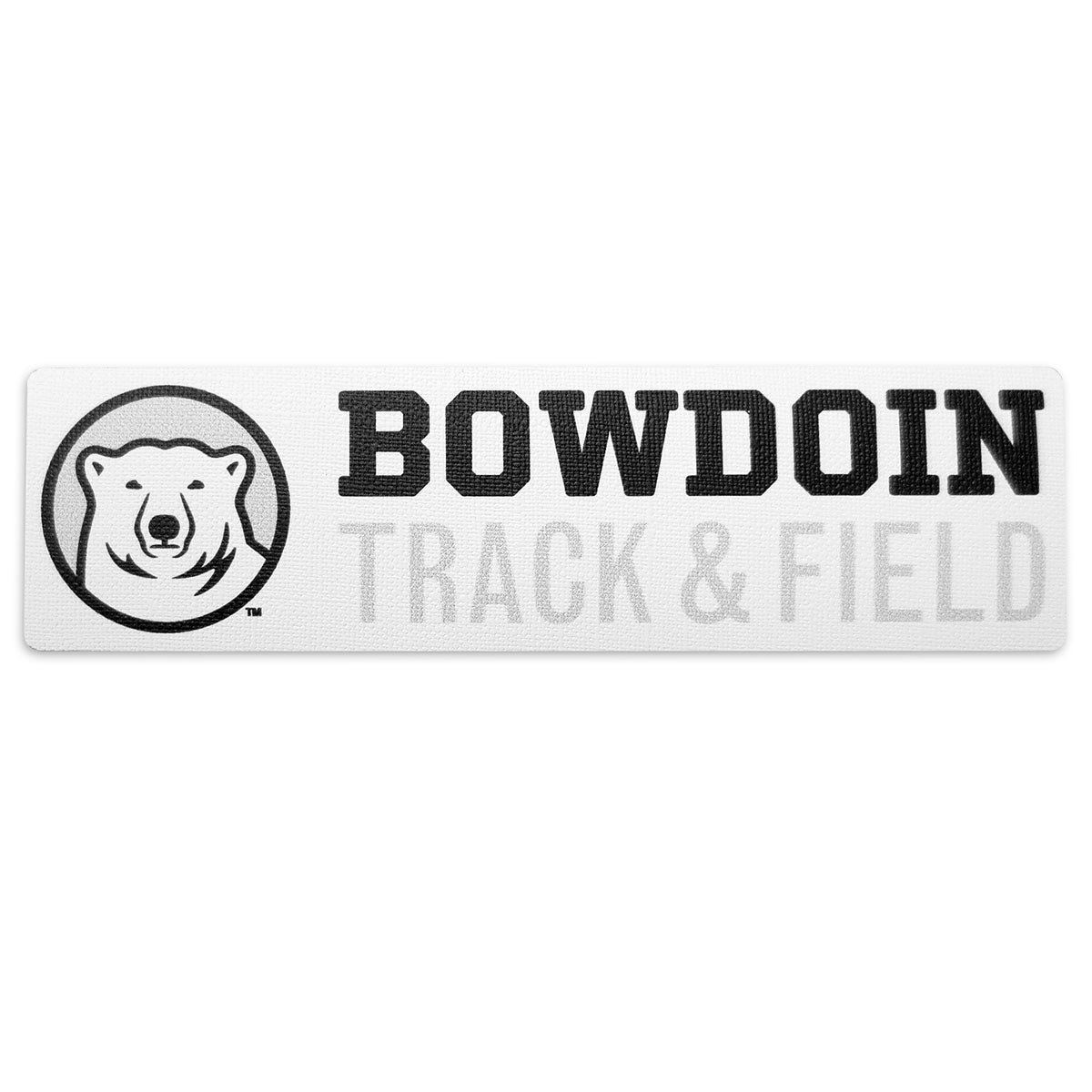 Rectangular white decal with black, white, and grey polar bear medallion next to BOWDOIN in black logotype over TRACK & FIELD in grey sans-serif type.