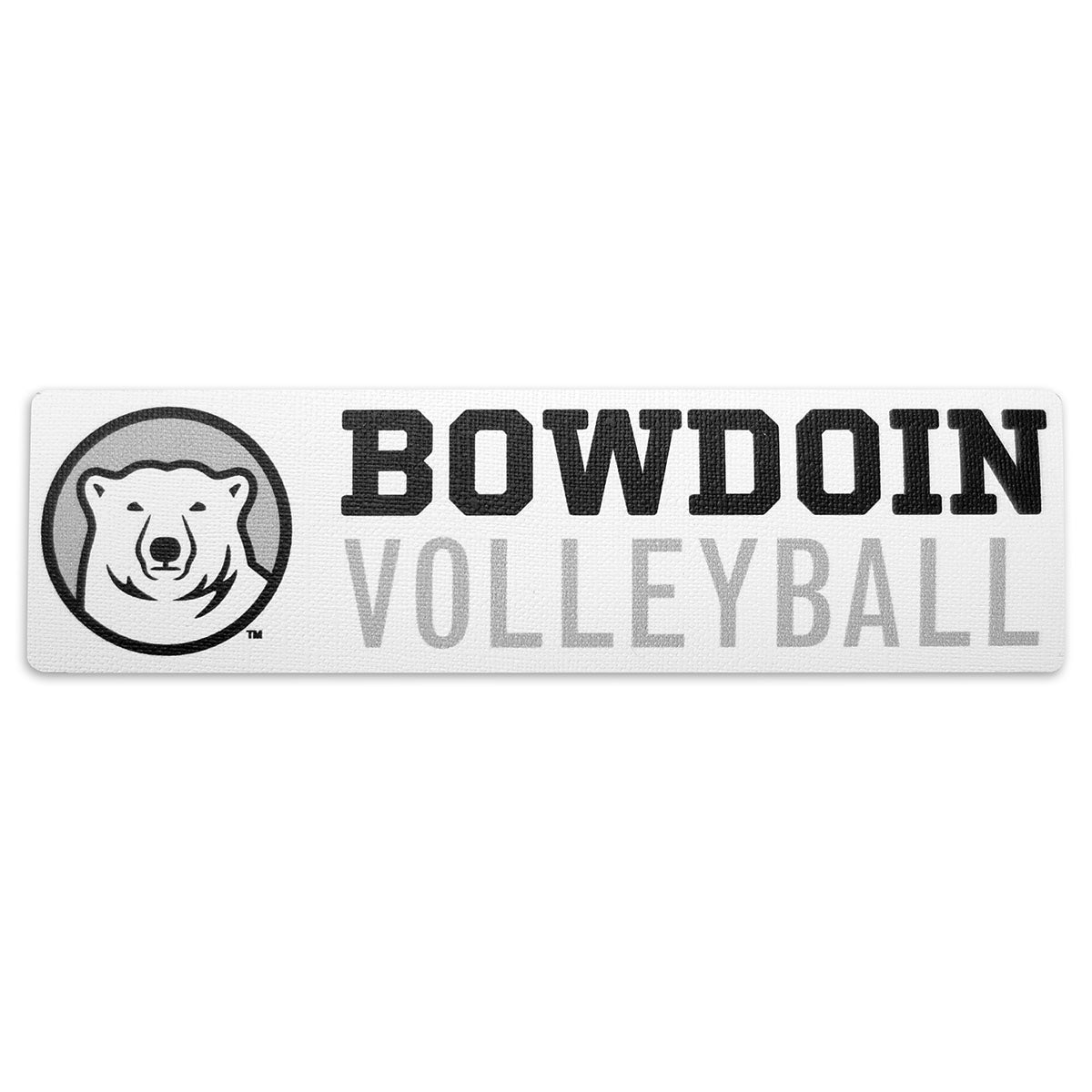 Rectangular white decal with black, white, and grey polar bear medallion next to BOWDOIN in black logotype over VOLLEYBALL in grey sans-serif type.
