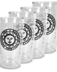 Set of four clear tumblers with Bowdoin College sun seal patches on a white background