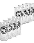 Set of clear tumblers with Bowdoin designs on a white background
