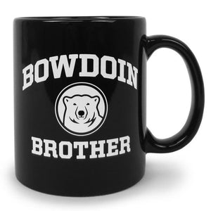 Black coffee mug with white imprint of BOWDOIN arched over a polar bear medallion over the word BROTHER.