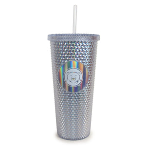 Diamond-textured studded clear iridescent travel tumbler with lid and straw. White polar bear medallion imprint.