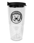 Clear double-walled tumber with black lid and embroidered Bowdoin mascot medallion patch.