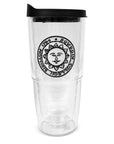 Clear double-walled tumber with black lid and embroidered Bowdoin sun seal patch.