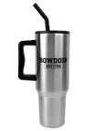 Stainless travel mug with black handle, lid, and straw. Black imprint of BOWDOIN over EST. 1794.