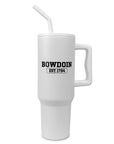 Matte white mug with white lid, handle, and straw. Black imprint of BOWDOIN over EST 1794