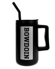 Large black travel mug with drinking straw and handle. Silver rectangle imprint containing word BOWDOIN in black athletic logotype running vertically from top to bottom.