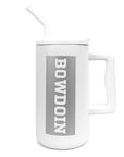 Large white travel mug with drinking straw and handle. Silver rectangle imprint containing word BOWDOIN in white athletic logotype running vertically from top to bottom.