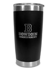 Black travel tumbler with clear lid and exposed steel at top and bottom. Laser engraved B over BOWDOIN over GRANDPARENT decoration.
