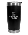 Black travel tumbler with clear lid and exposed steel at top and bottom. Laser engraved B over BOWDOIN over PARENT decoration.