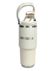 Cream travel tumbler with sip option open and handle extended, with 'Bowdoin' text on a white background