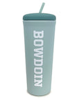 Light teal green tumbler with 'BOWDOIN' text on a white background