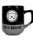 Front view of black and grey mug showing bear logo and GO U BEARS! text.