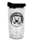 Clear tumbler with black lid featuring a polar bear design on a white background