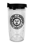 Clear tumbler with black lid and sun seal logo on a white background