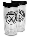 Two clear tumblers with black lids featuring Bowdoin logos on a white background.