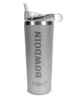 A tall, silver glitter insulated tumbler with a clear lid and straw, featuring the word 'BOWDOIN' vertically etched and the 'mybevi' logo near the bottom, set against a plain white background.