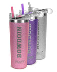 Three glitter insulated tumblers with clear lids and straws, shown in pink, purple, and silver. Each tumbler has the word 'BOWDOIN' printed vertically and the 'mybevi' logo near the bottom.