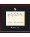 Diploma frame with black matting, gold fillet, Bowdoin seal medallion, and gold embossed BOWDOIN COLLEGE in Old English type.
