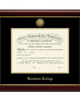 Diploma frame with glossy cherry frame with inner gold ridge. Black matte with inner gold matte, inset with a gold Bowdoin sun seal medallion on the top, and BOWDOIN COLLEGE in Old English typeface embossed in gold on the bottom.
