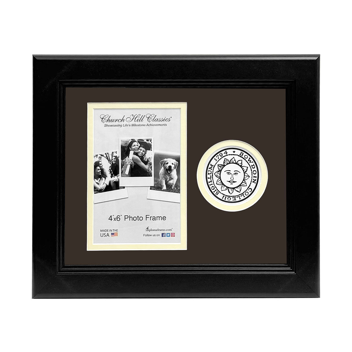 Black photo frame with vertical photo cutout, Bowdoin College sun seal cut out to the left.