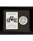 Black photo frame with vertical photo cutout, Bowdoin College sun seal cut out to the left.