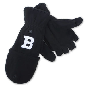 Black fleece flip-top mittens with white embroidered B on back of hand.