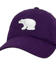 Purple baseball cap with a white polar bear logo on a white background