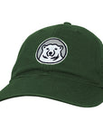Relaxed twill baseball hat with embroidered Bowdoin polar bear mascot medallion in hunter green.