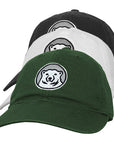 Twill ball caps with medallion bear in green, white, and black.